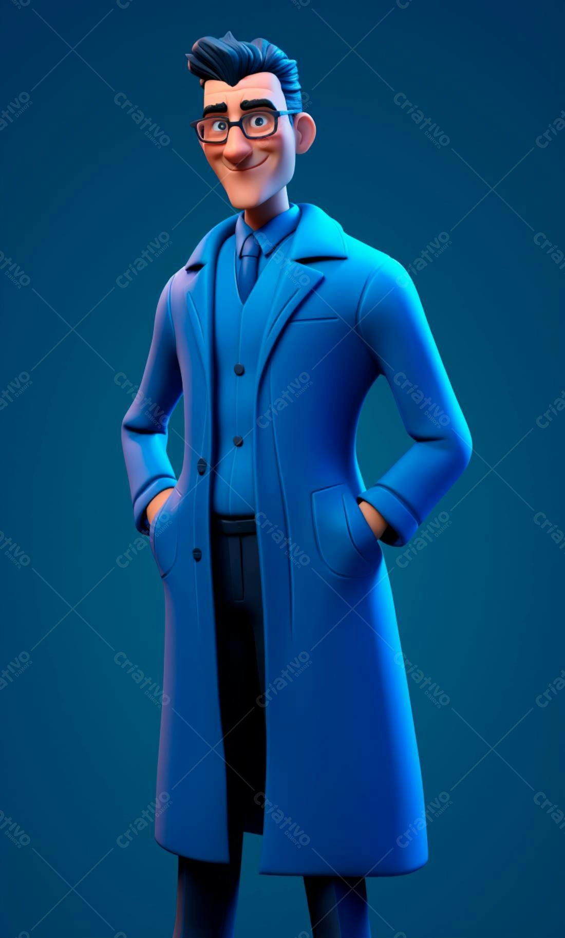 Homem de terno azul em fundo escuro