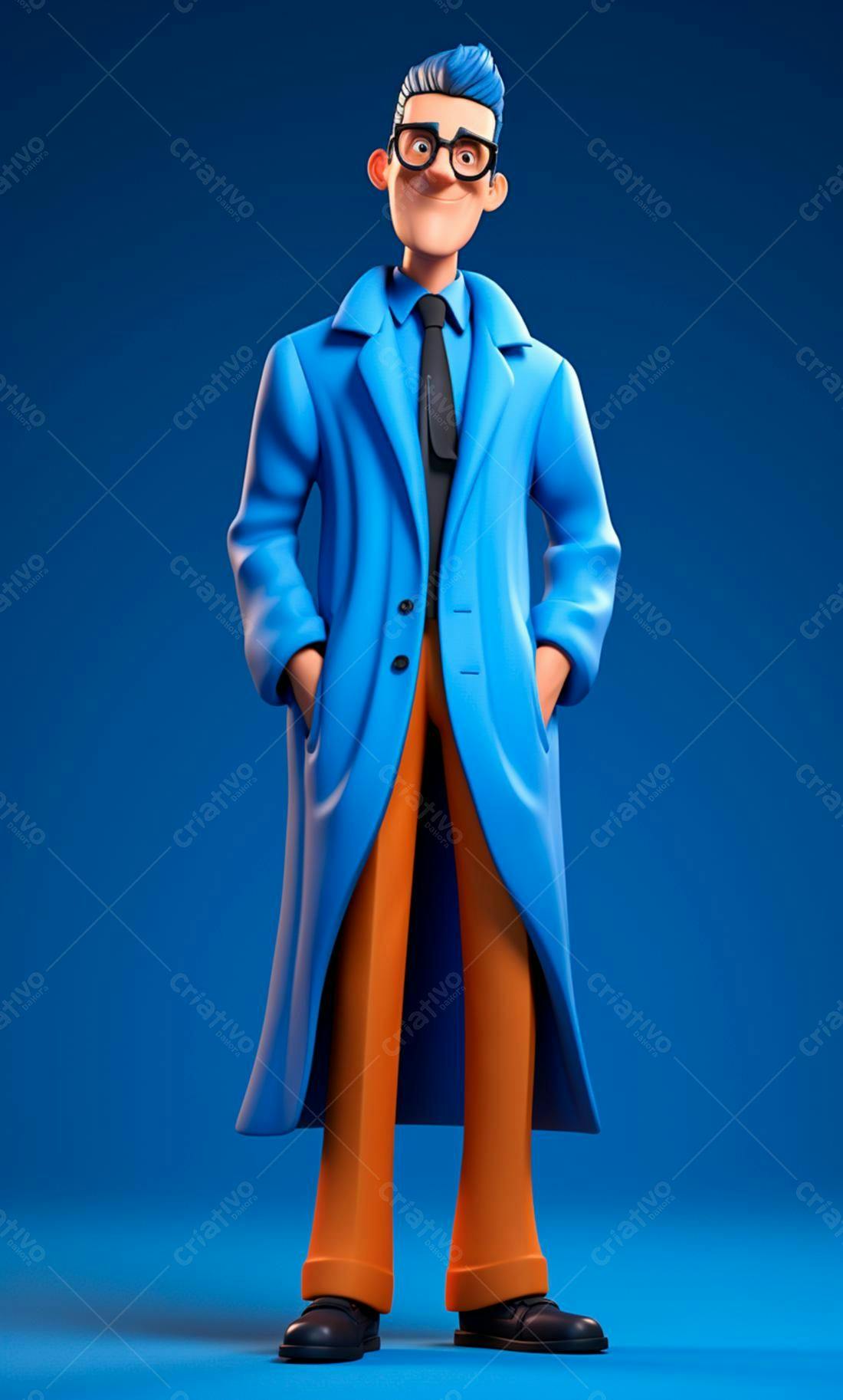 Personagem 3D azul e laranja estilo cartoon