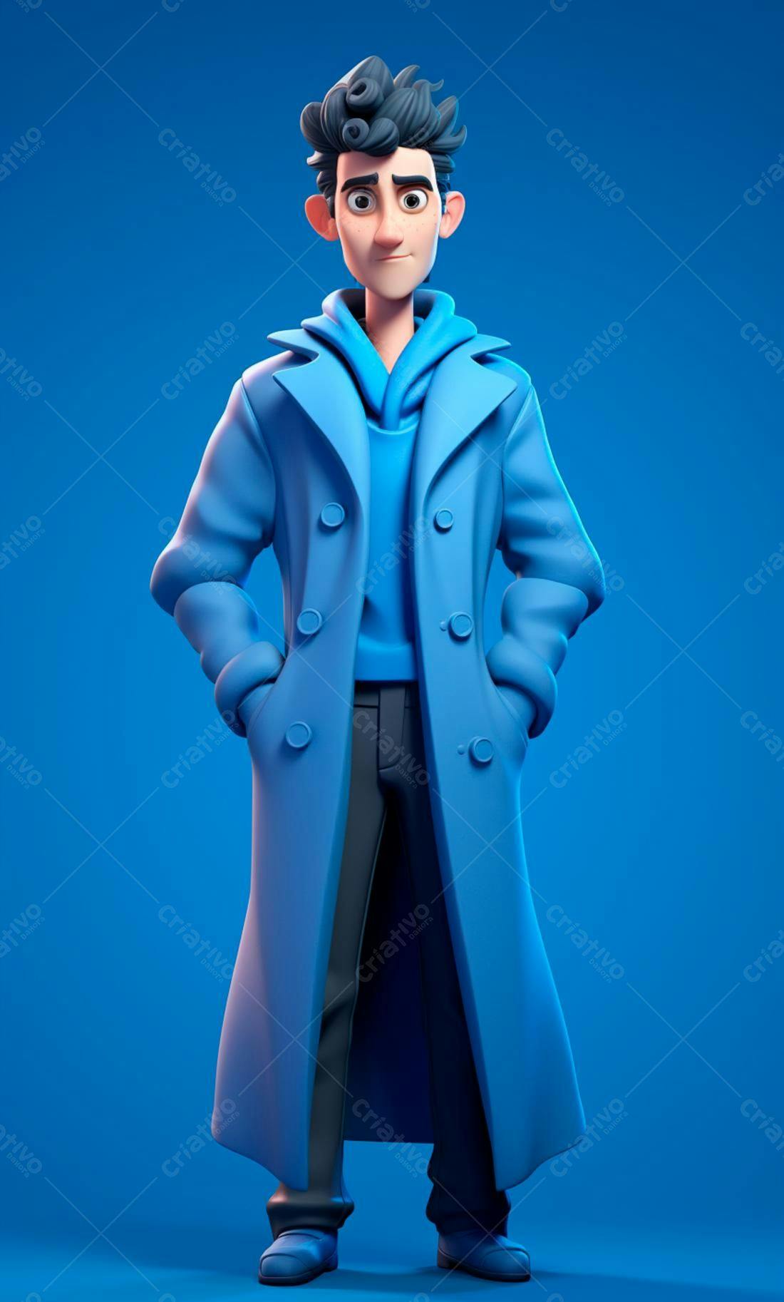 Personagem 3D azul em casaco longo