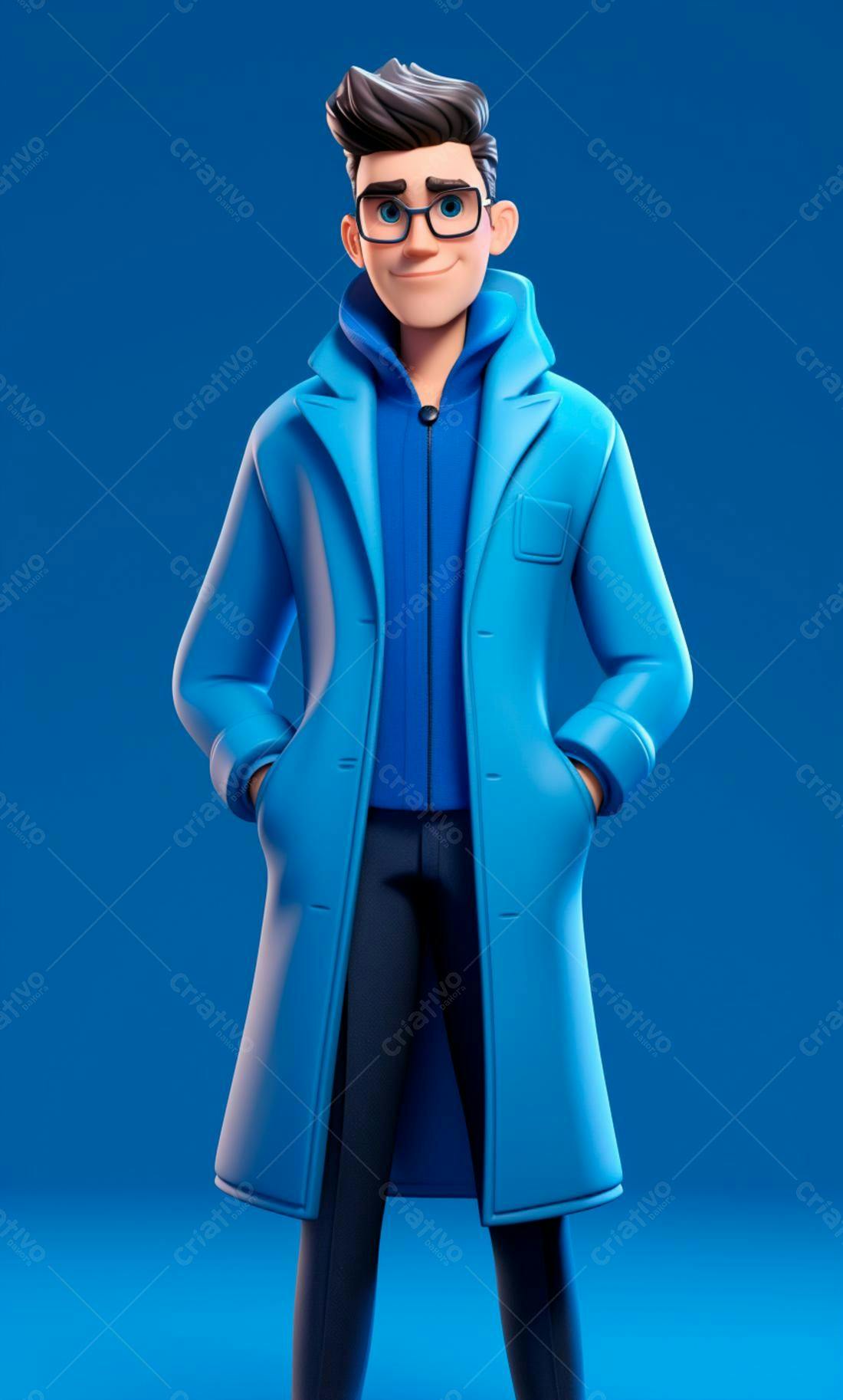 Homem estiloso em casaco azul fundo azul