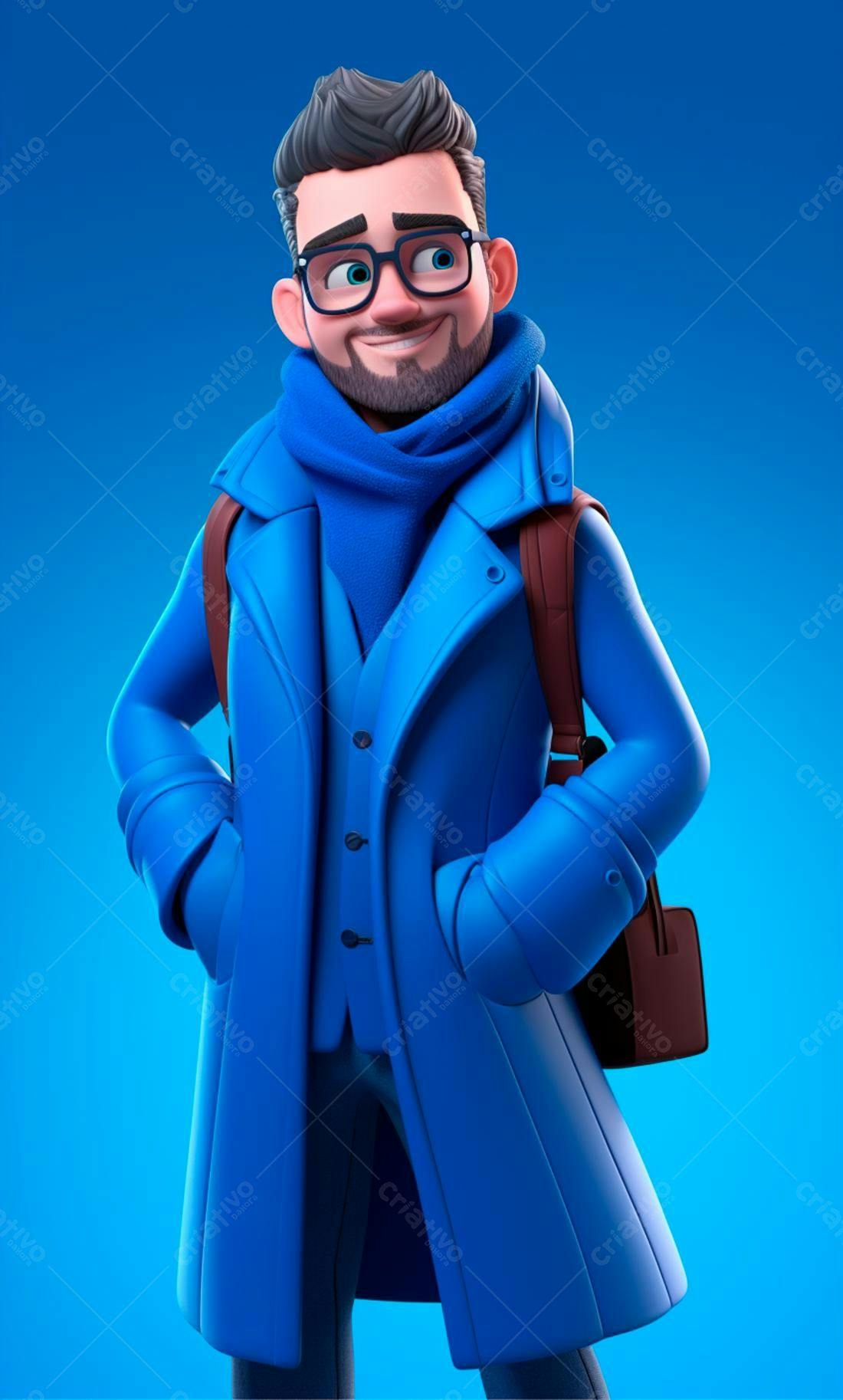Personagem 3D estilo cartoon usando casaco azul