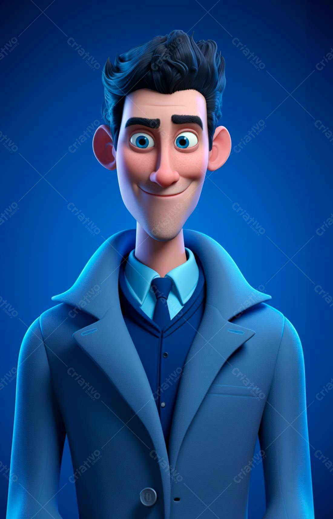 Personagem 3D homem azul sorrindo