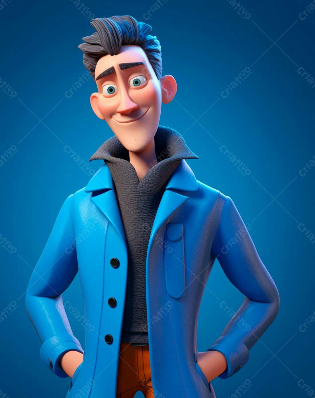 Homem Desenho Animado Casaco Azul Sorrindo