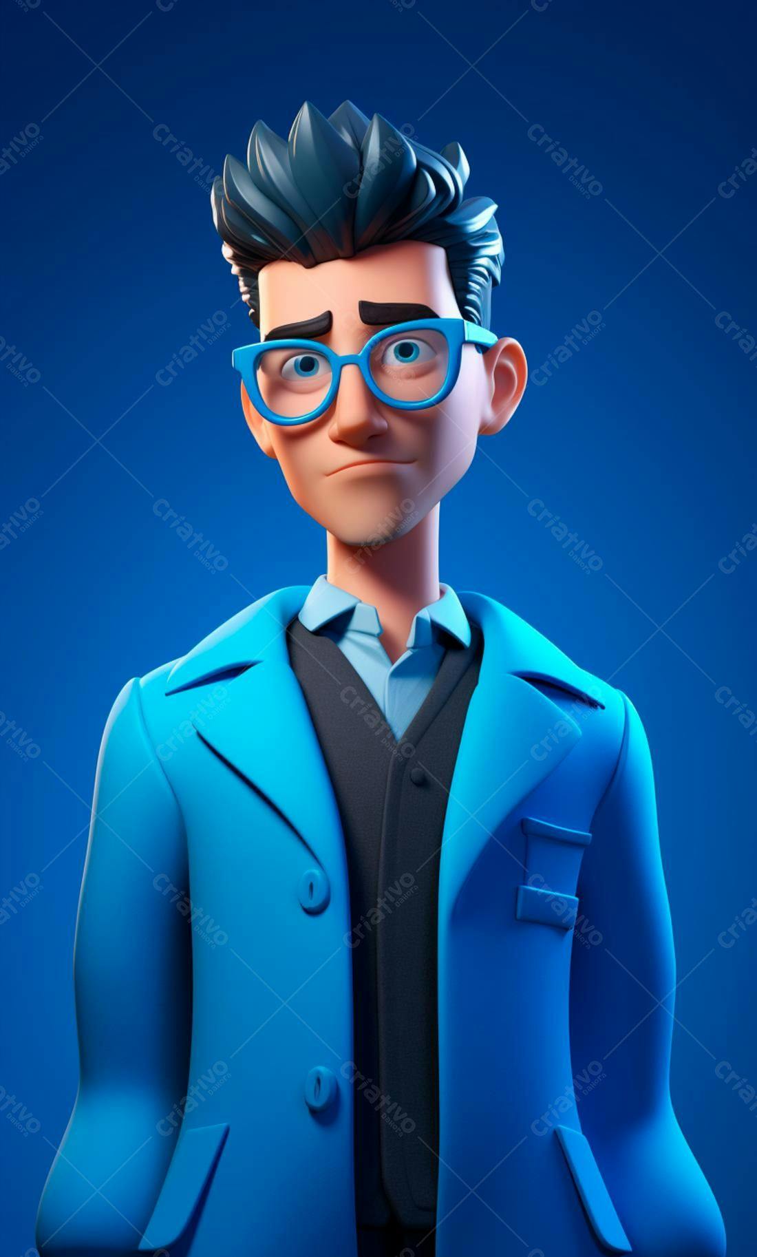 Personagem 3D azul sério de óculos