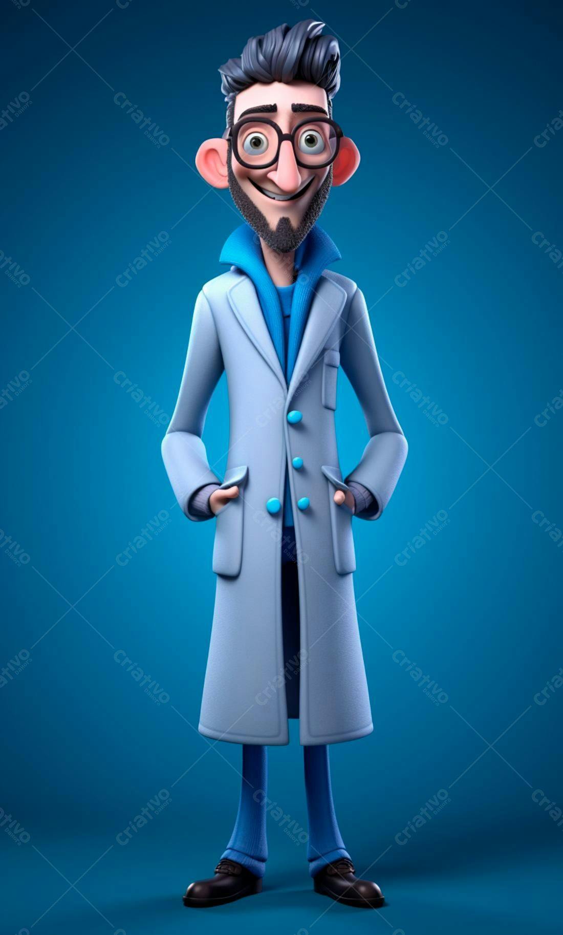 Personagem 3D alegre usando jaleco azul claro