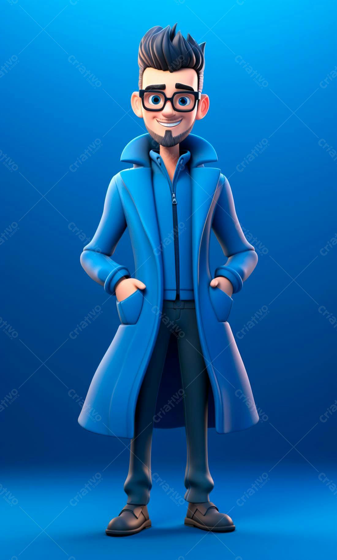 Homem de desenho animado em casaco azul