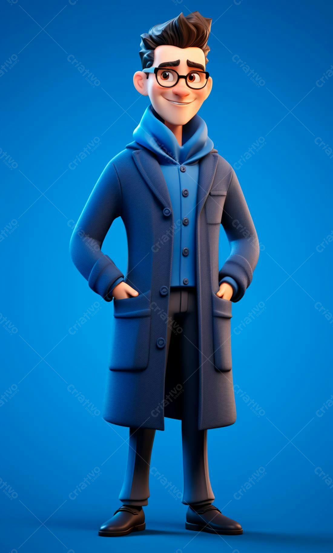 Homem de desenho animado em casaco azul