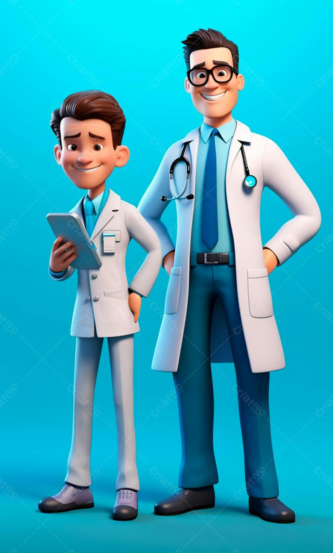 Médicos animados em fundo azul