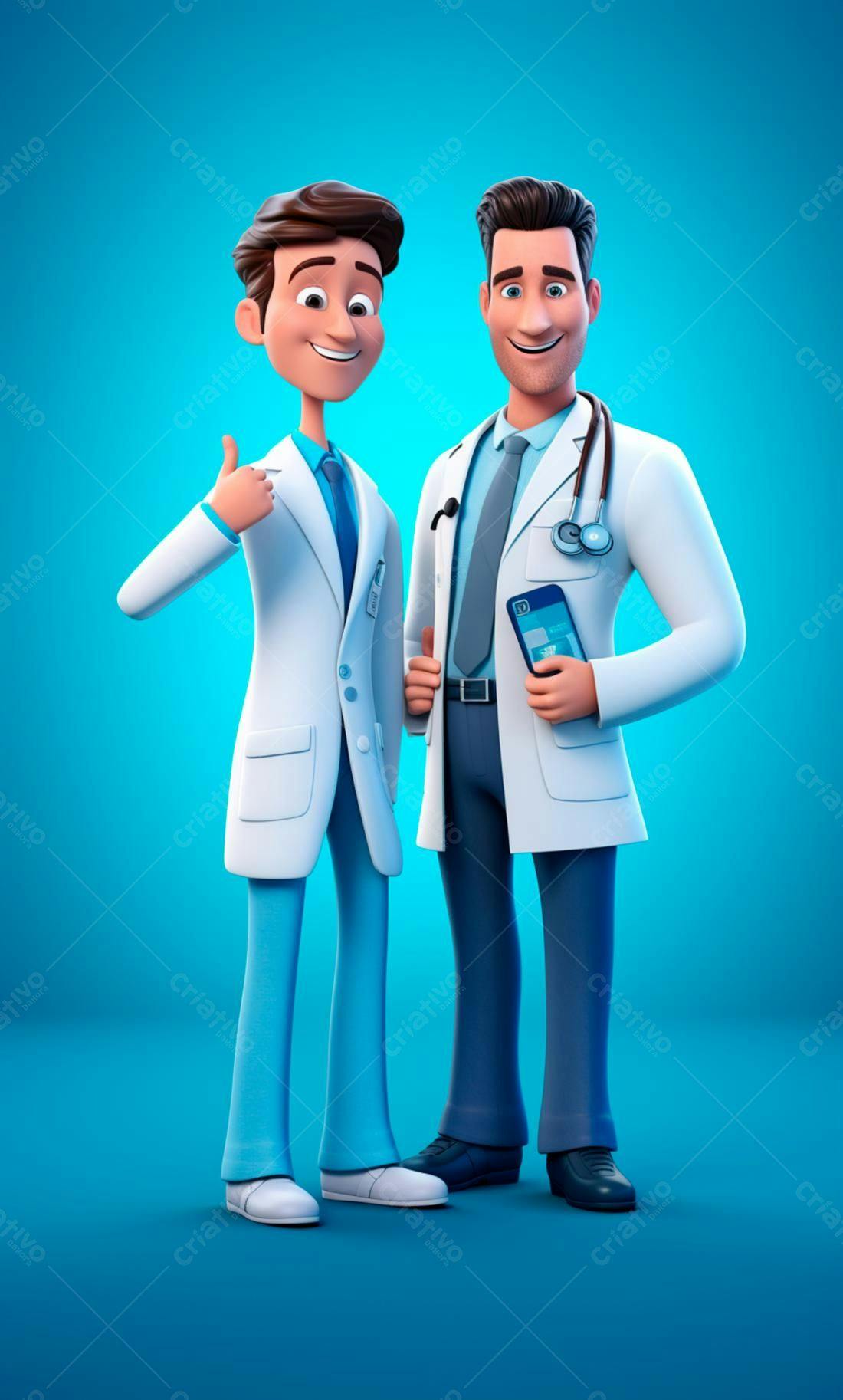 Médicos animados em fundo azul claro