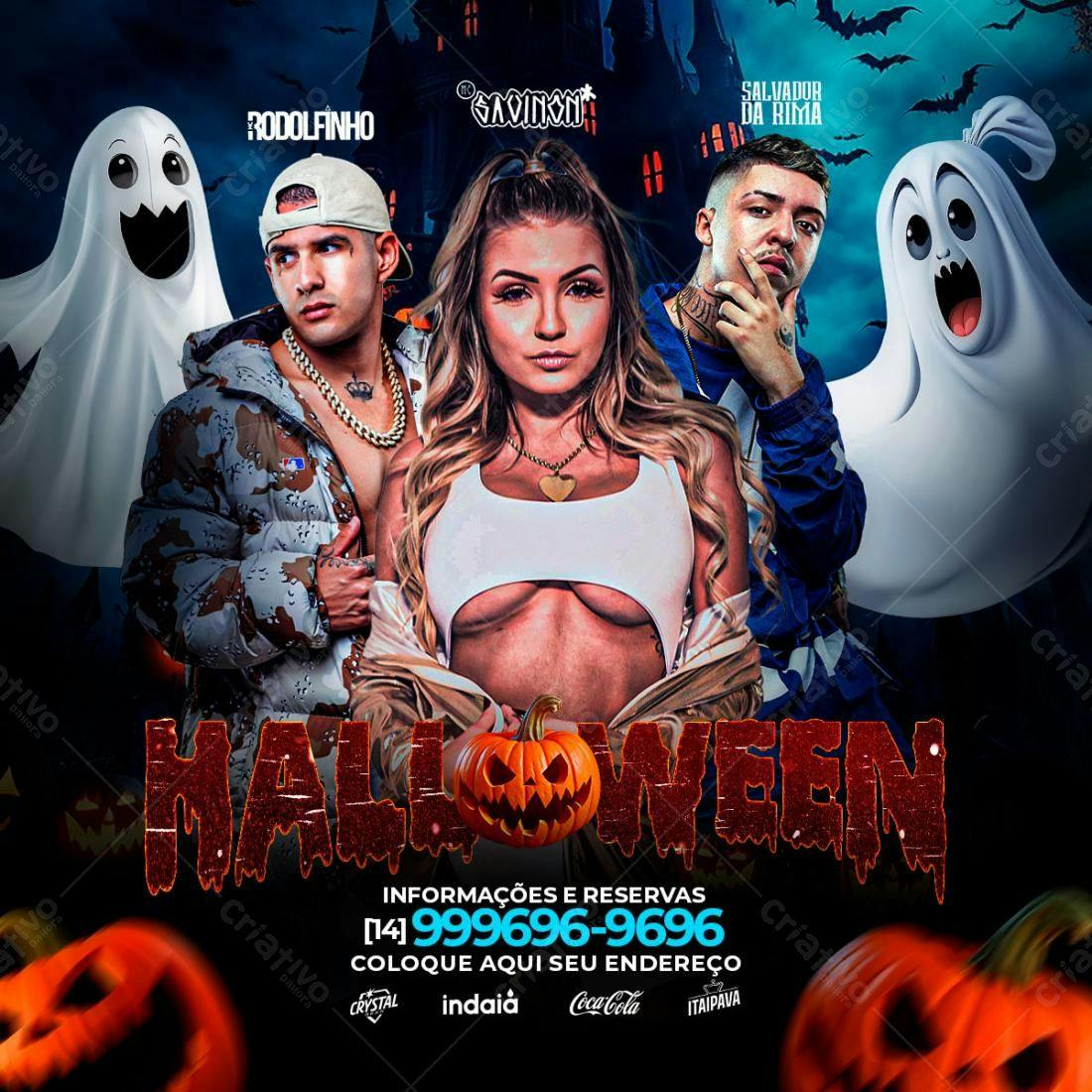 Flyer Festa Halloween com Rodolfinho, Savinoni e Salvador da Rima PSD Editável
