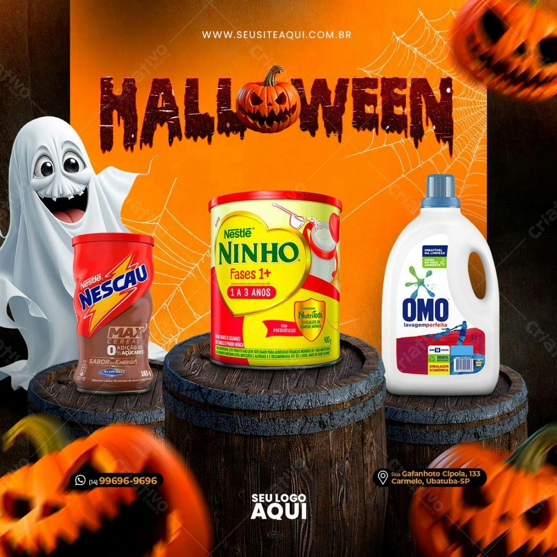 Flyer Halloween com produtos Nestlé e Omo PSD Editável