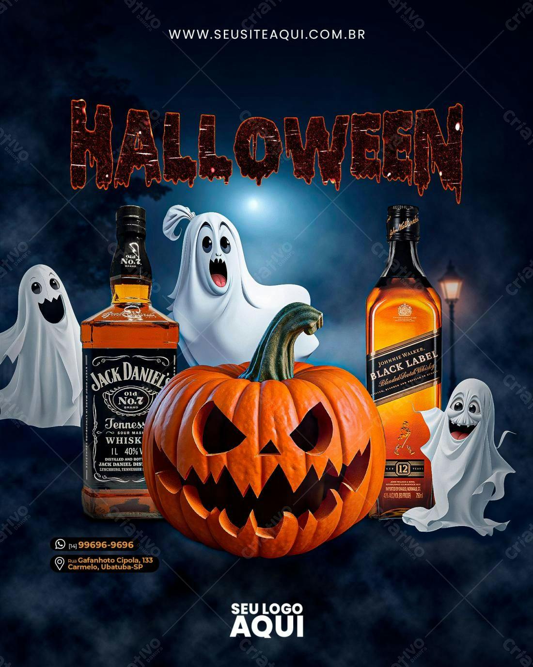 Flyer Halloween com Abóbora, Whisky e Fantasmas PSD Editável