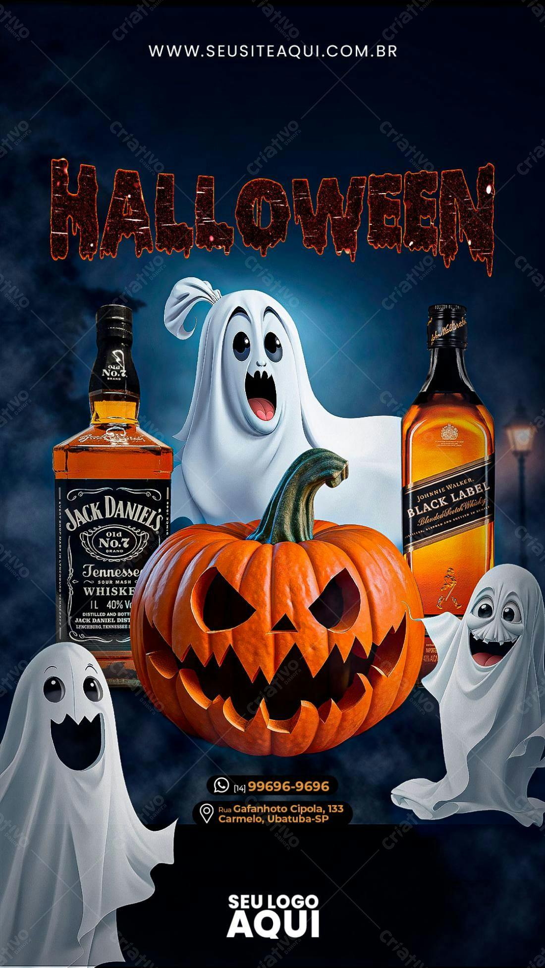 Flyer Halloween com Abóbora, Fantasmas e Whiskys PSD Editável