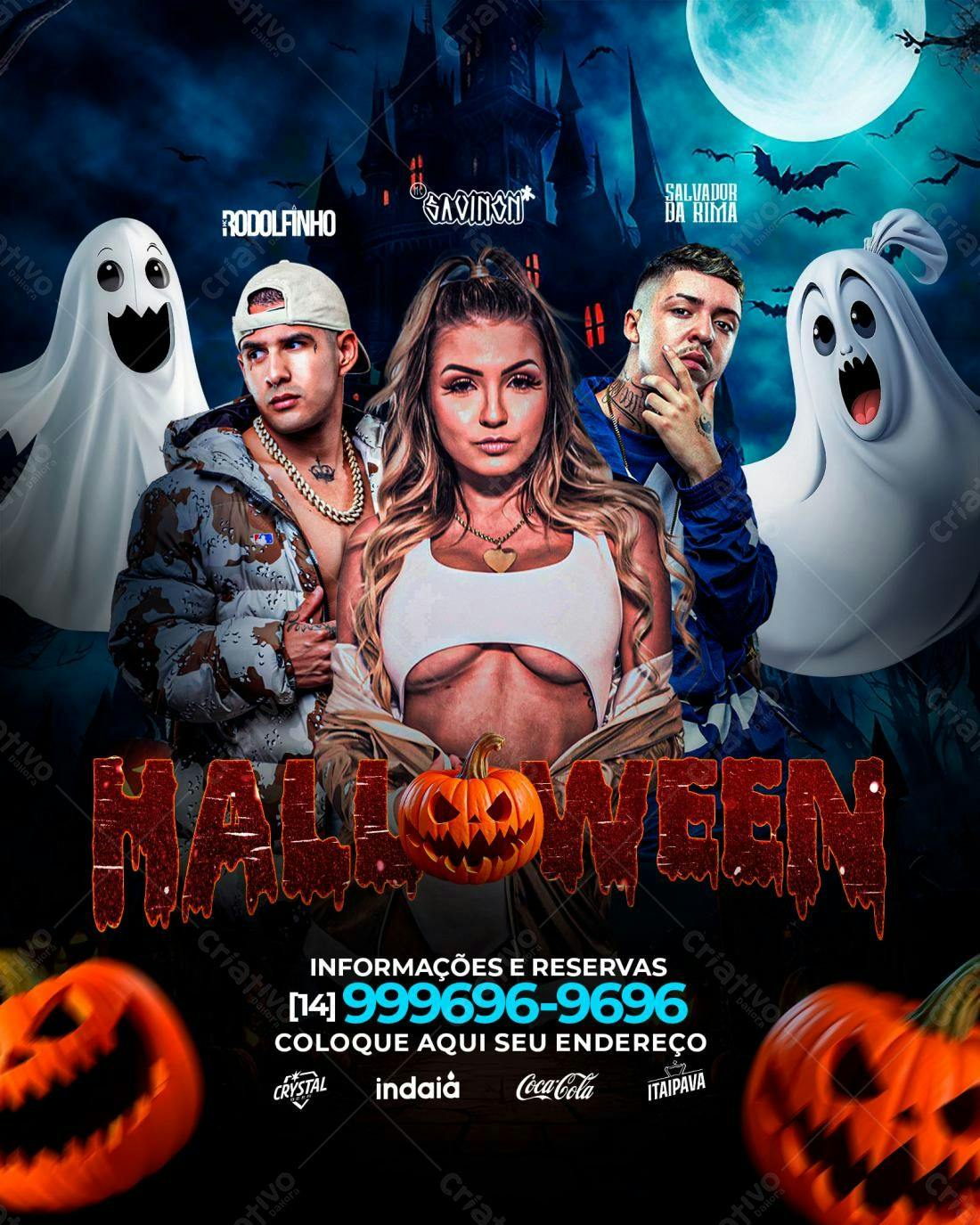 Flyer Festa Halloween com Rodolfinho, Savinon e Salvador da Rima PSD Editável