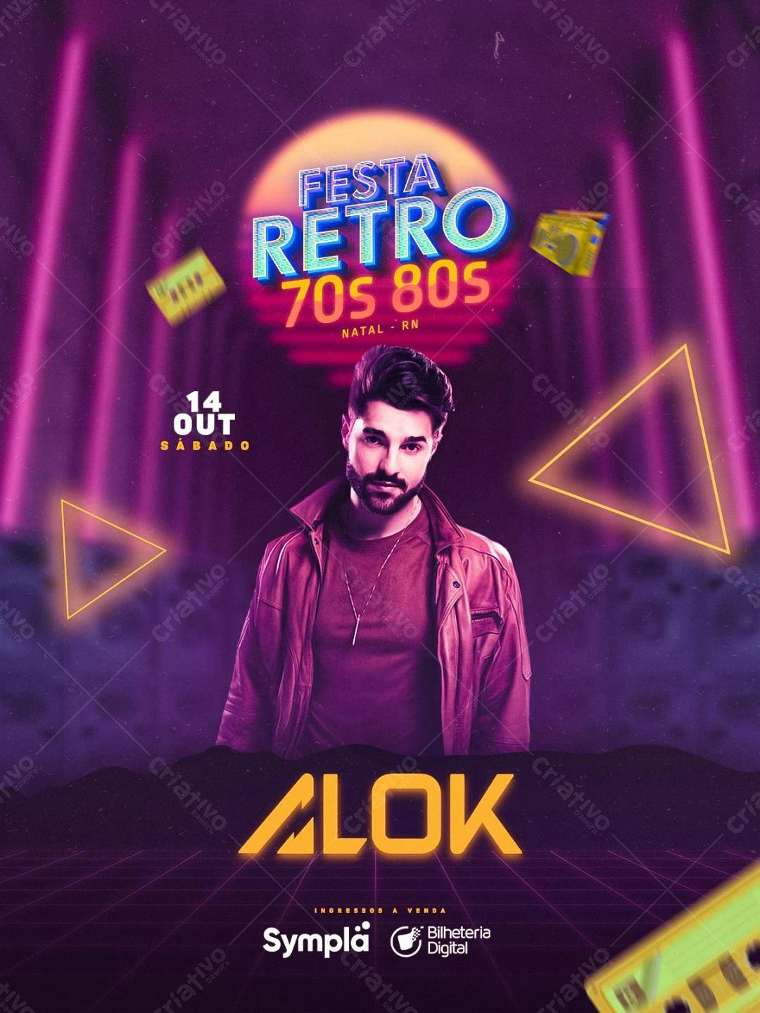 Flyer Festa Retro 70s 80s com Alok PSD Editável