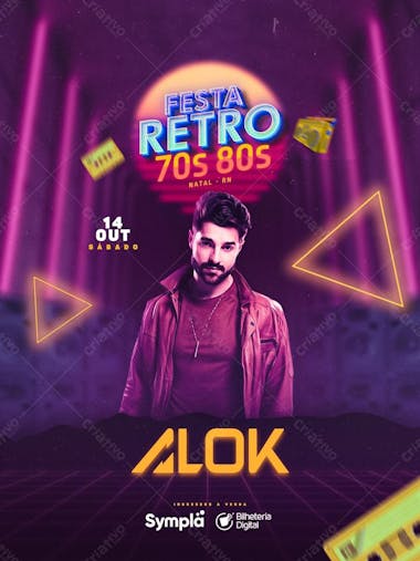 Festa retro anos 70s e 80s dj alok psd editável