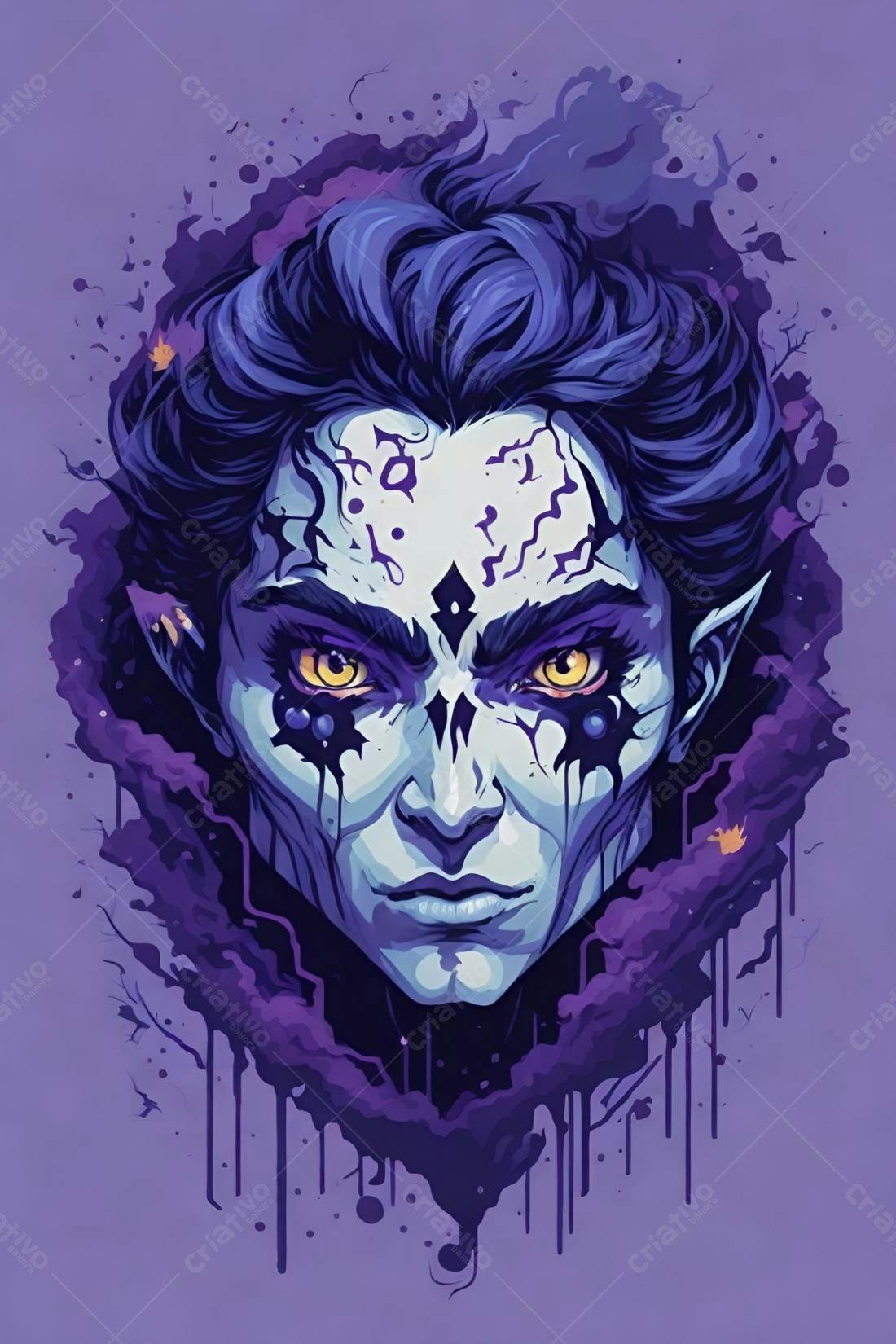 Retrato estilizado de criatura fantástica roxa e azul