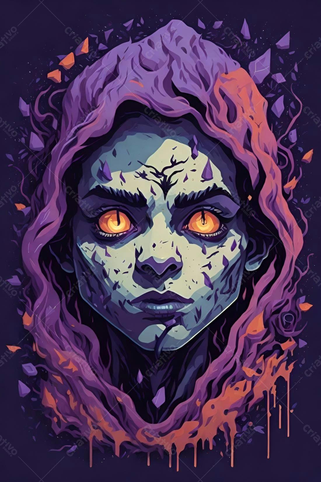 Retrato feminino estilo dark fantasy roxa e azul