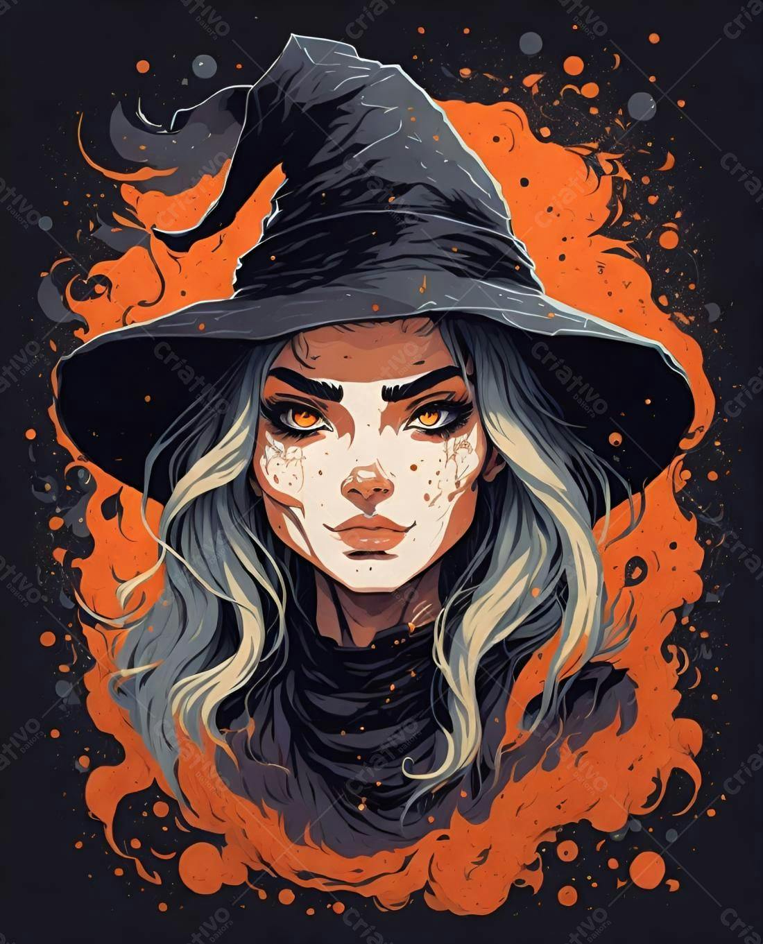 Bruxa com chapéu preto e fundo laranja