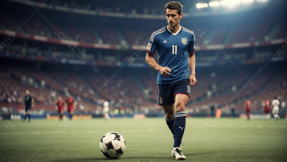 Jogador de futebol camisa azul em estádio