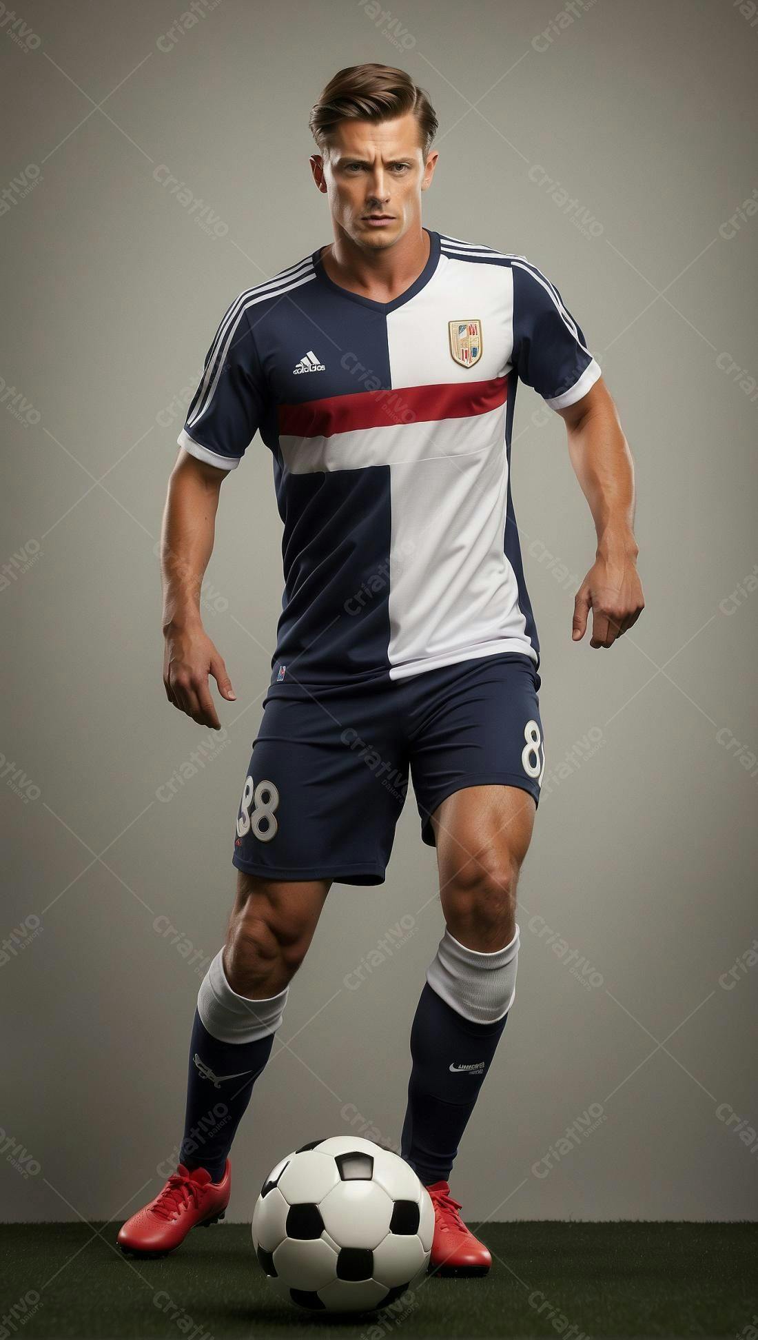 Jogador de futebol com uniforme azul e branco
