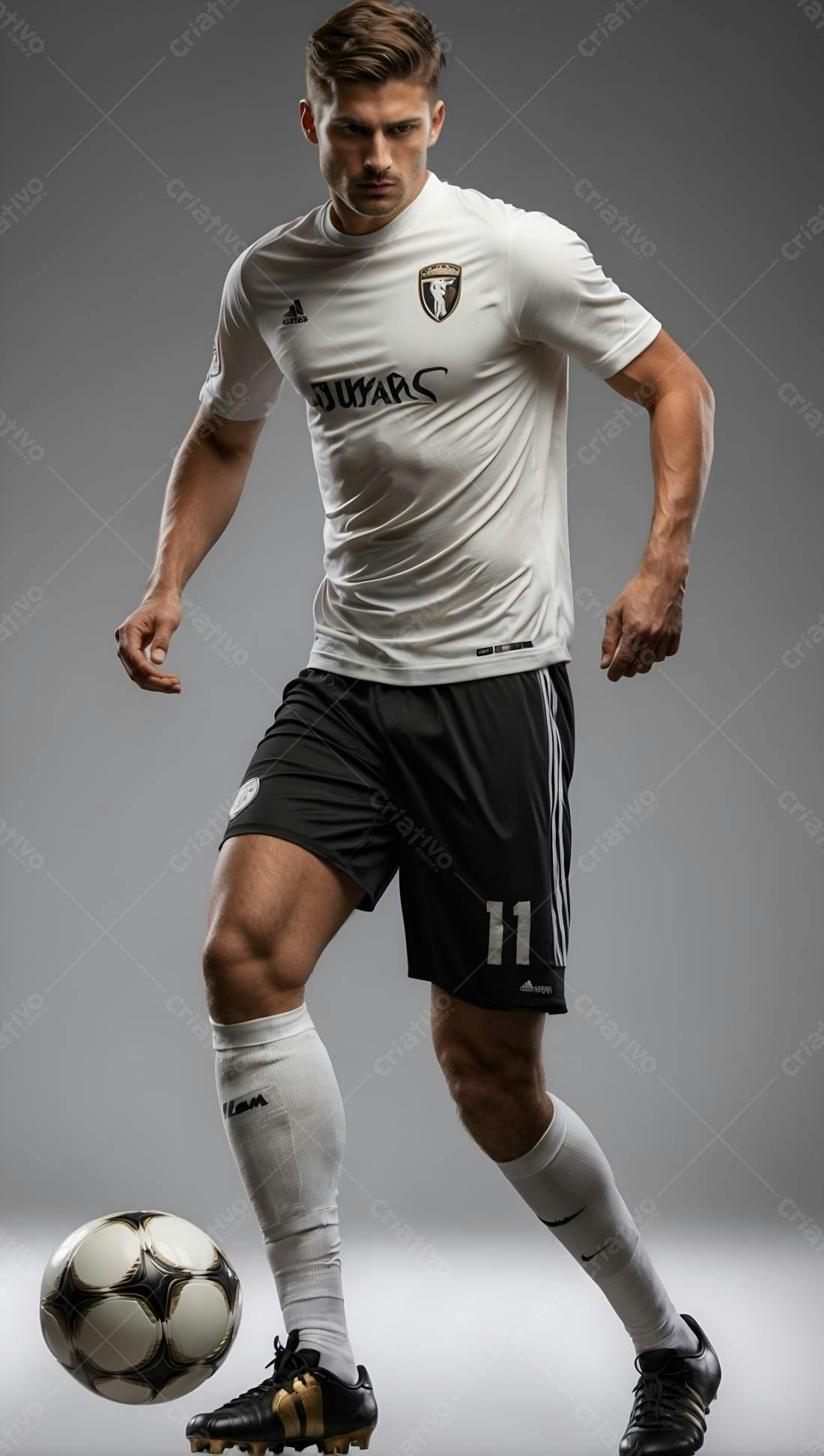Jogador de futebol em uniforme branco e preto