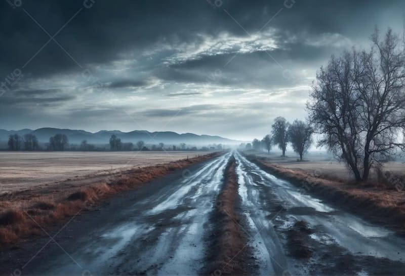 Estrada de terra barro chuva e nuvens