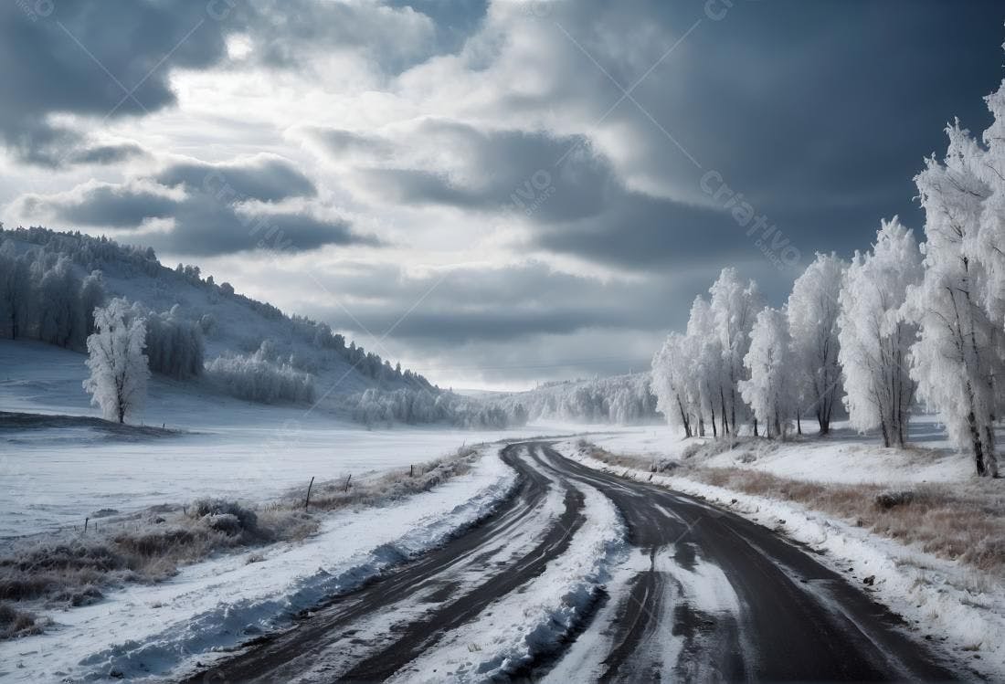 Estrada sinuosa em paisagem nevada invernal