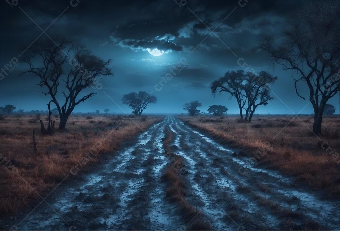 Estrada de terra sob a lua cheia noturna