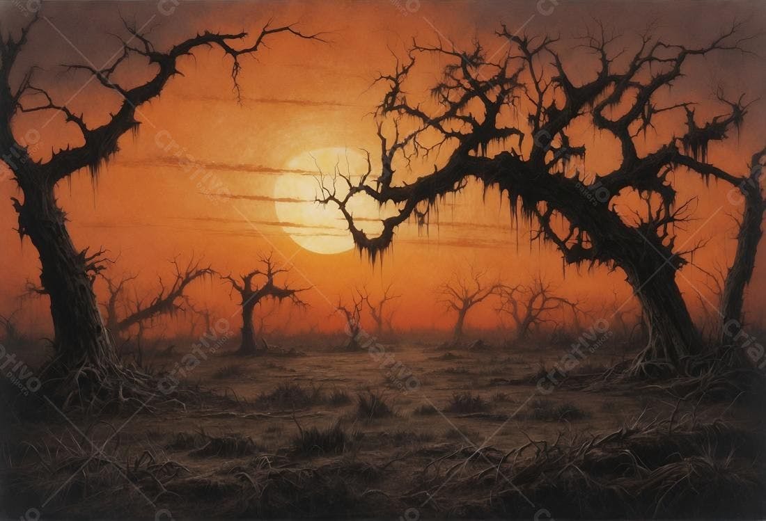 Paisagem Sombria com Árvores Mortas ao Pôr do Sol