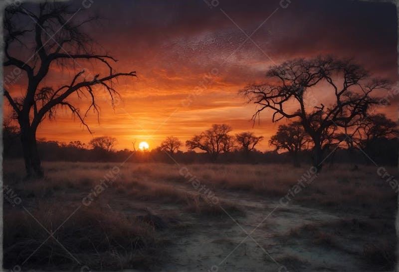 Por do sol em uma paisagem sombria no deserto e arvores secas