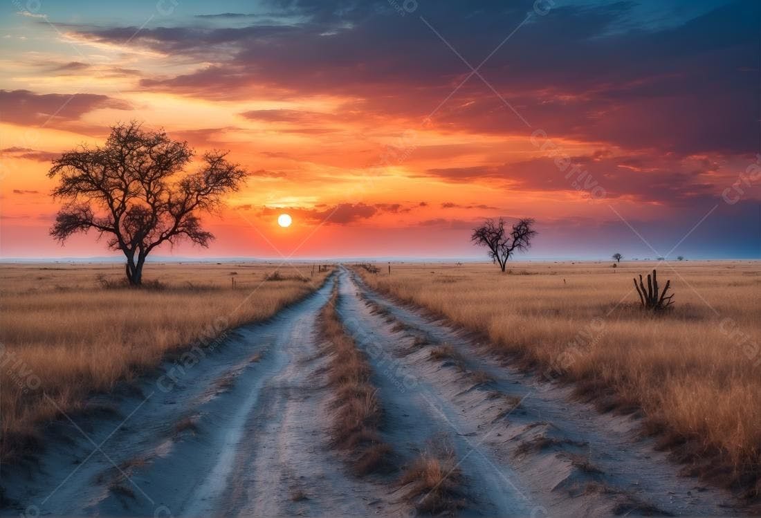Estrada na Savana Africana ao Pôr do Sol
