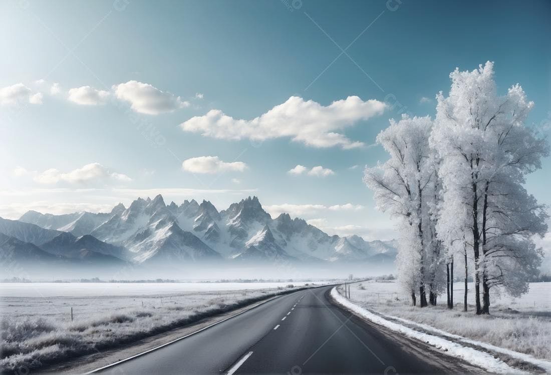 Estrada nevada com árvores congeladas e montanhas ao fundo