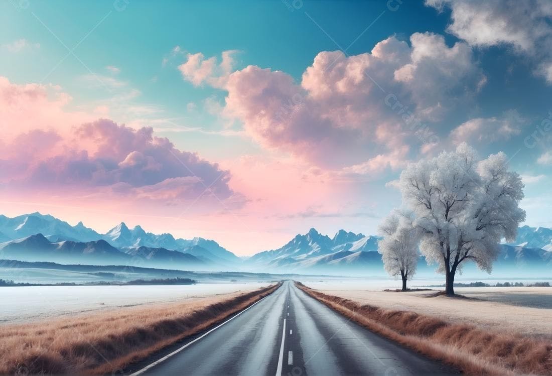 Estrada sinuosa em paisagem nevada ao amanhecer