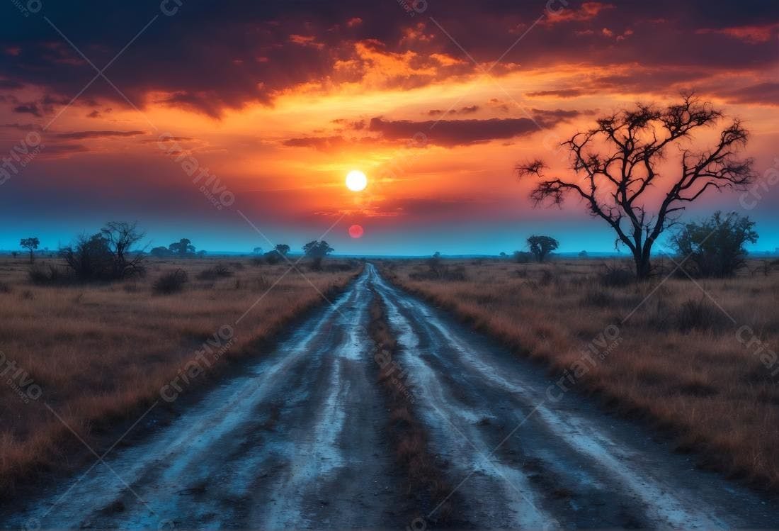 Caminho na Savana ao Pôr do Sol