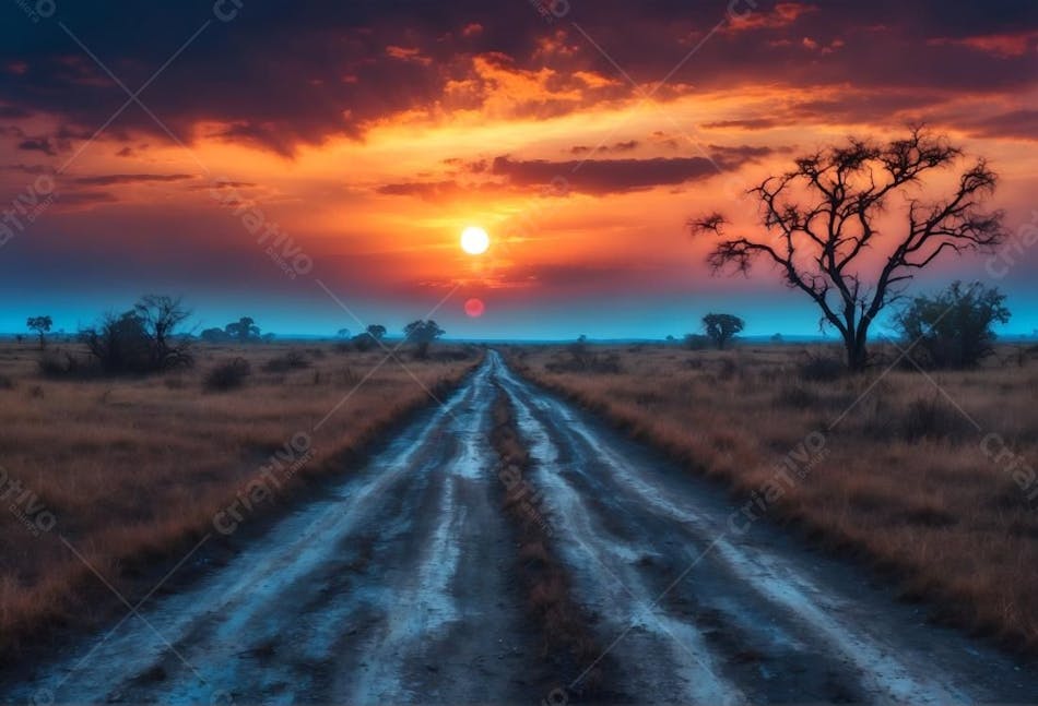 Estrada de barro no deserto do saara por do sol nuvens