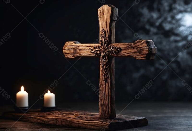 Cruz católica sobre a mesa de madeira e vela jesus