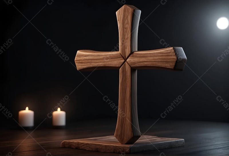 Cruz católica sobre a mesa de madeira vela jesus