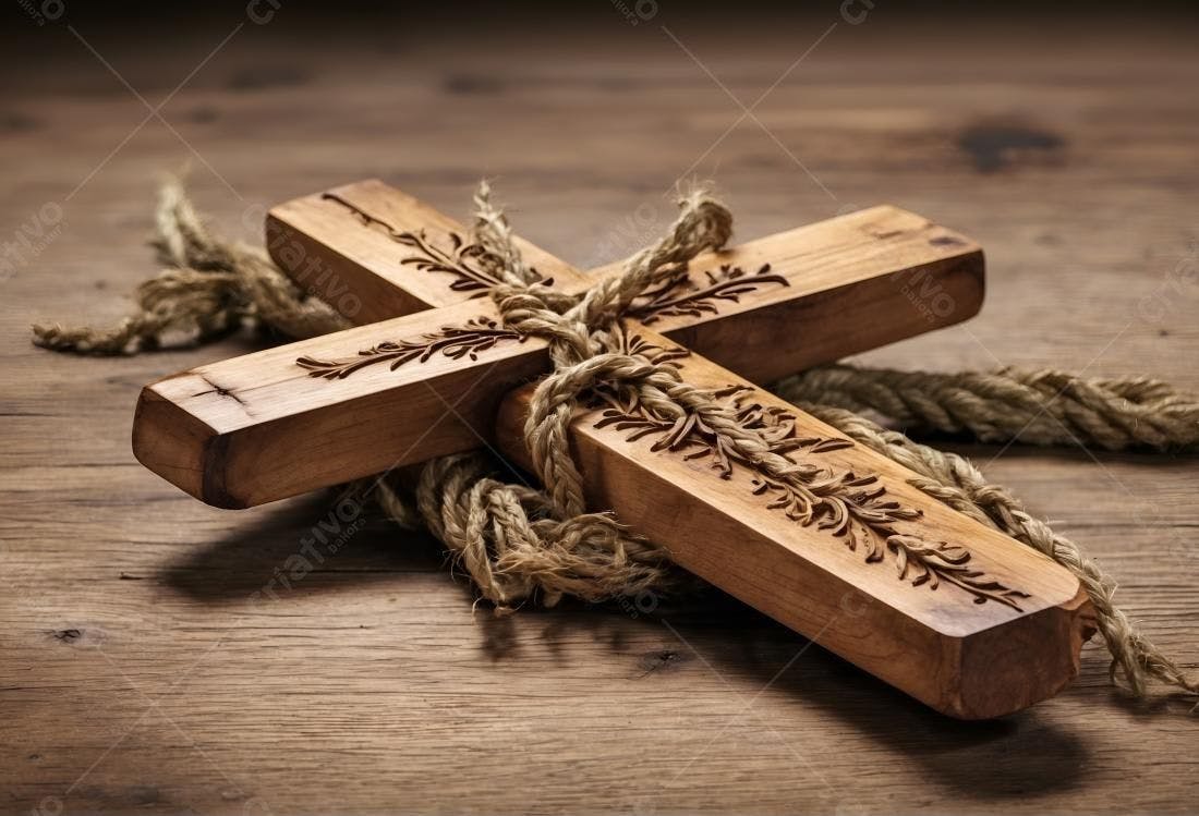 Cruz de madeira talhada amarrada com corda