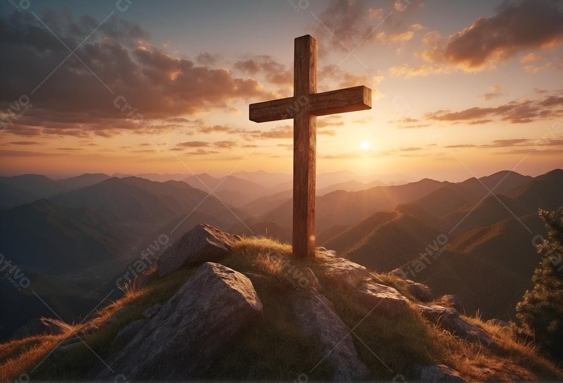 Cruz de madeira em montanha ao pôr do sol