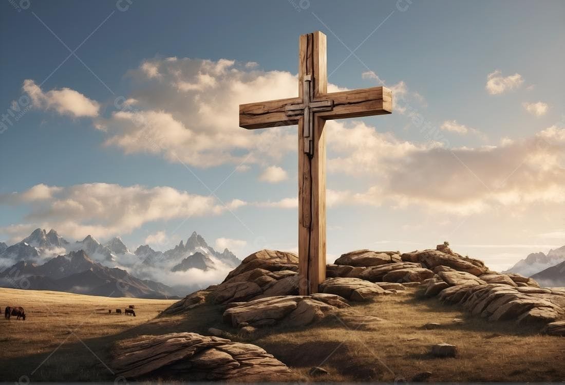Cruz de madeira em montanha paisagem