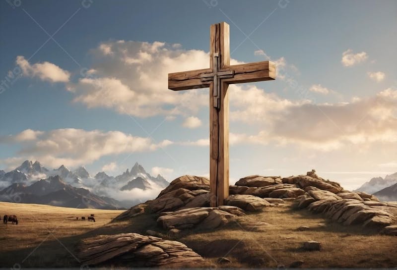 Cruz no monte em uma paisagem e montanha de gelo jesus crucificado