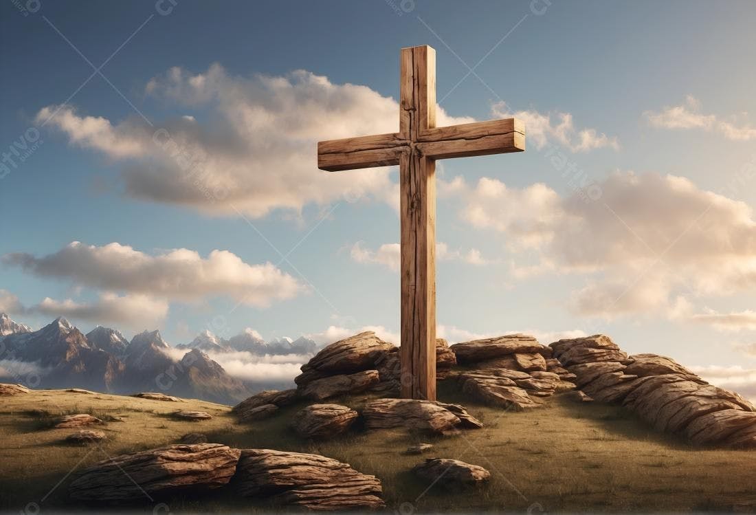 Cruz de madeira em montanha ao entardecer