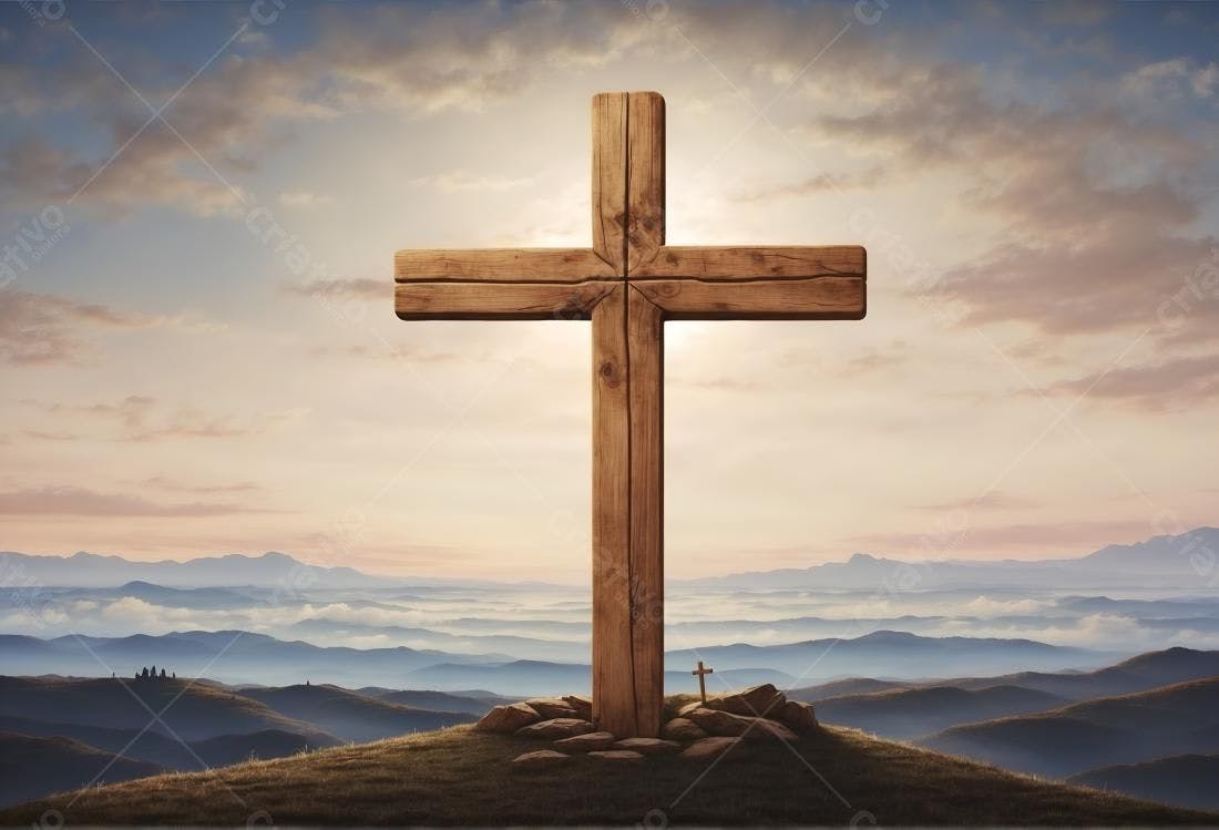 Cruz de madeira em paisagem montanhosa ao amanhecer