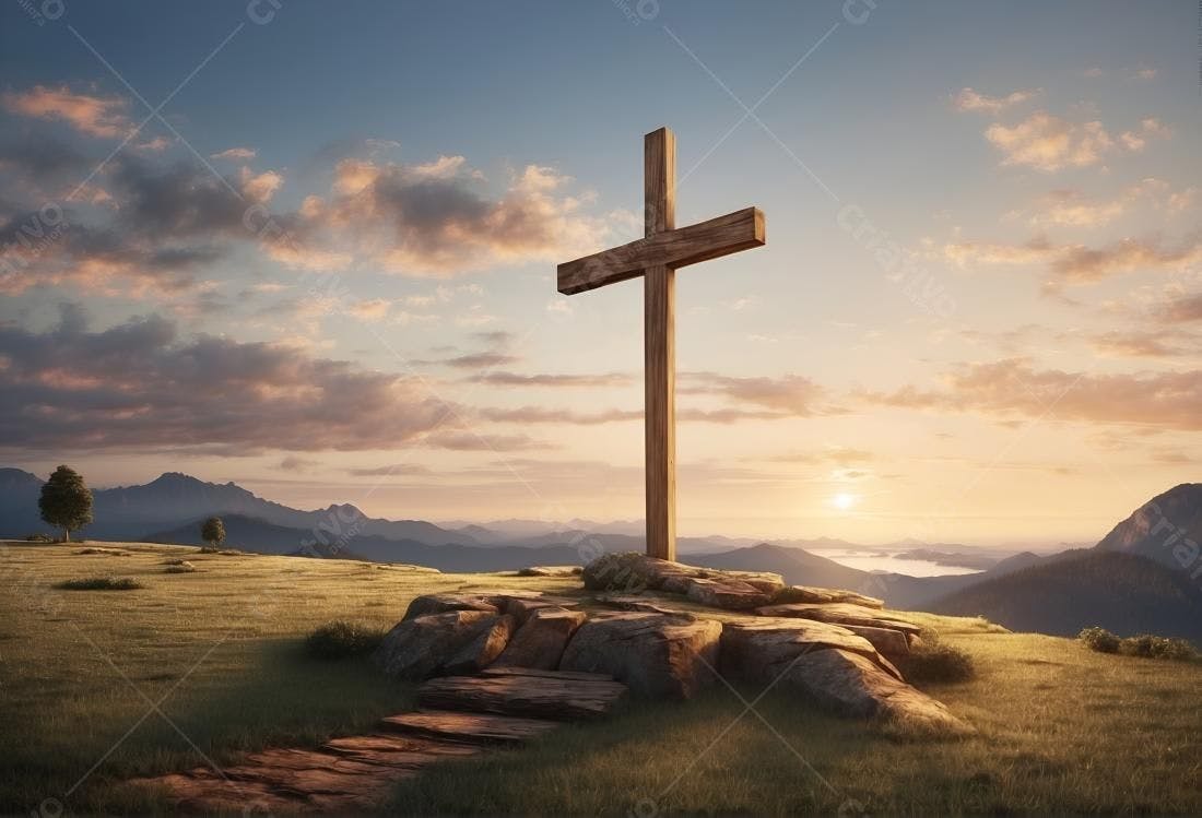 Cruz de madeira em paisagem ao entardecer