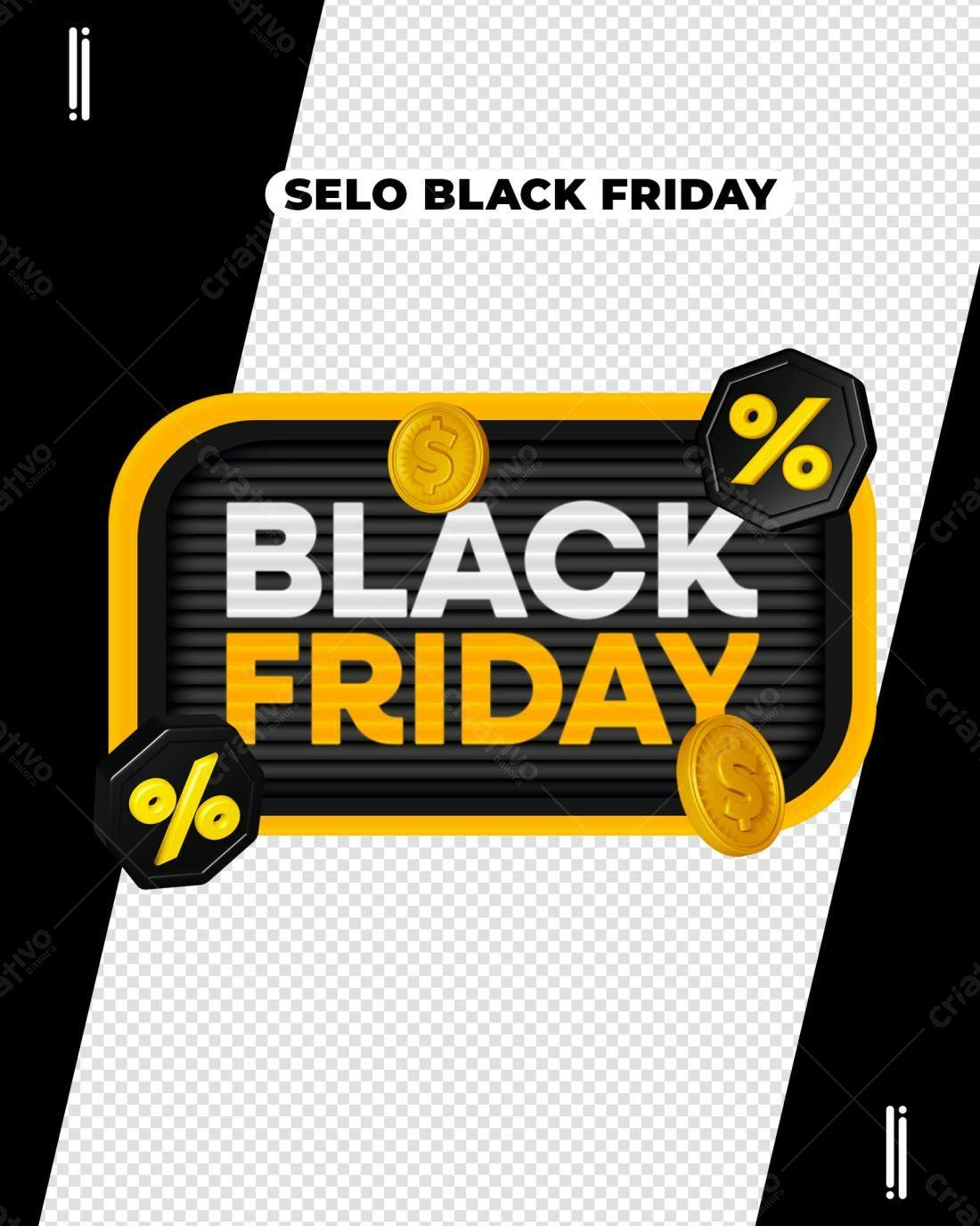 Selo 3D Black Friday promocional amarelo e preto