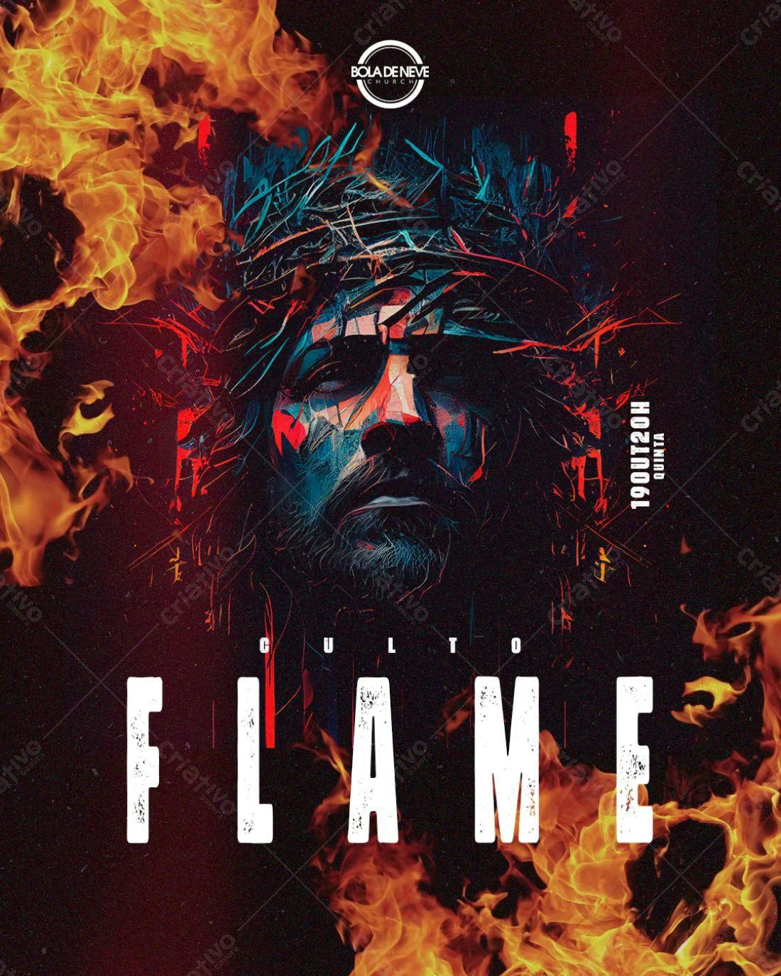 Flyer para Culto Flamejante PSD Editável