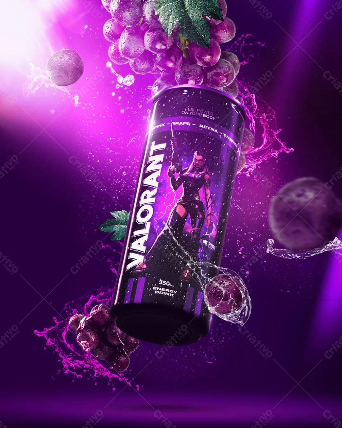 Mockup de Lata de Energético Roxa com Uvas PSD Editável