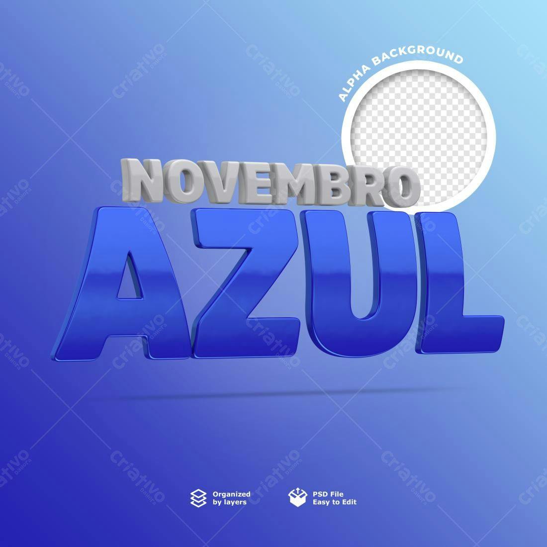 Selo 3D Novembro Azul metálico brilhante