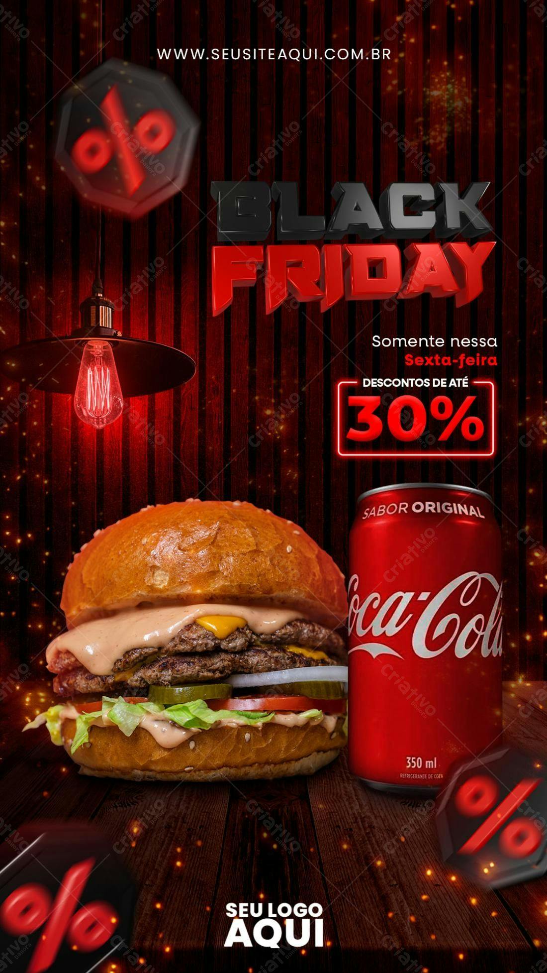 Flyer Black Friday com Hambúrguer e Coca-Cola PSD Editável